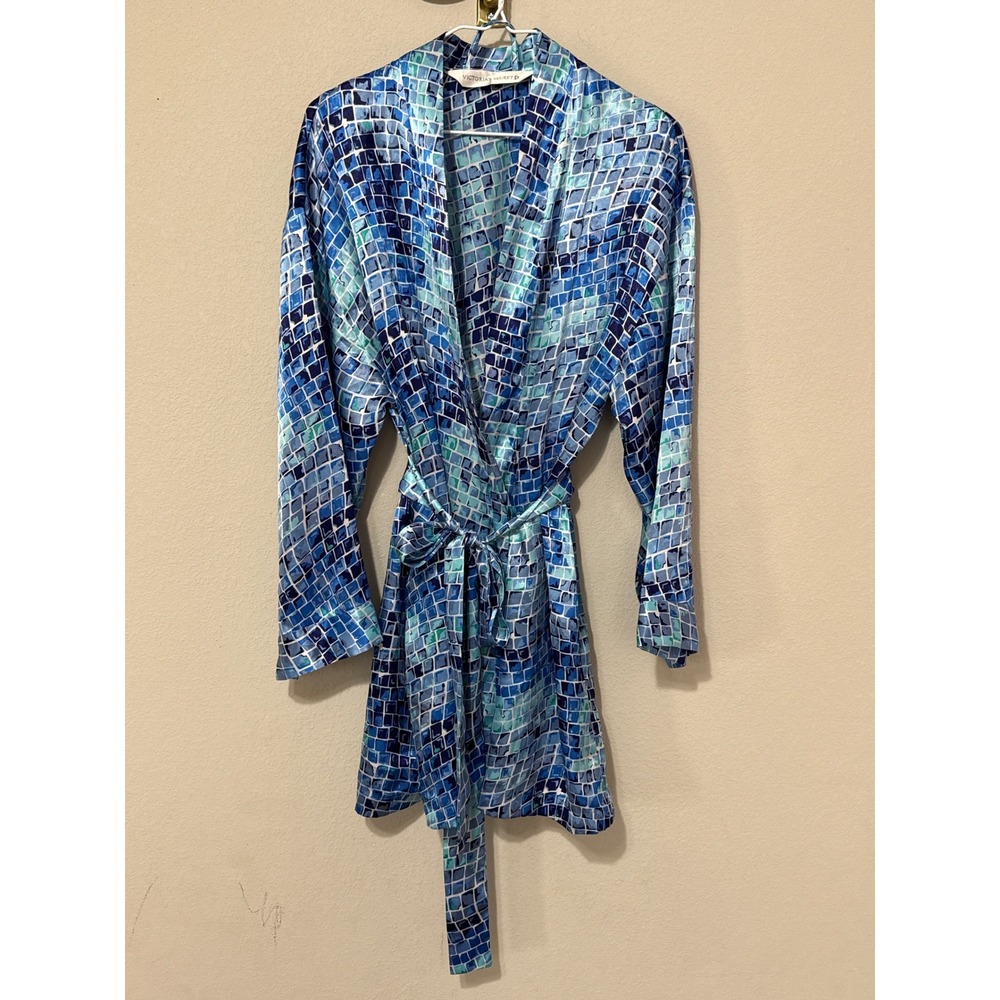 Victoria's Secret Satin Robe Womens OS Blue Mosaic Tile Vintage 1996 Wrap Belt